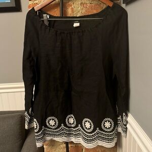 JCrew Black and White Linen Blouse Embroidered Size Small